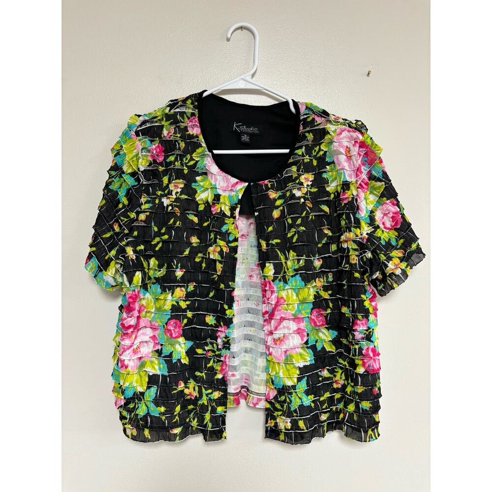 K Studio Collection top blouse shirt open ruffles floral flowers black pink 18